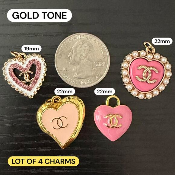 Lot of 4 Pink CC Heart Gold Tone Zipper Pull Button Charms - Picture 1 of 2